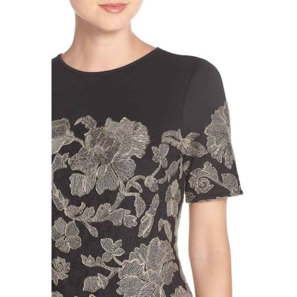 Tadashi Shoji Dress Women 16 Black Gold Embroidered Lace Overlay A-Line - Picture 3 of 12